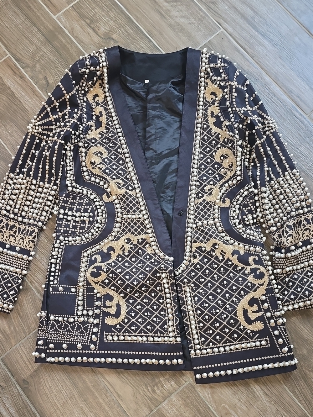 Black & Gold Pearl-Embellished Open-Front Blazer